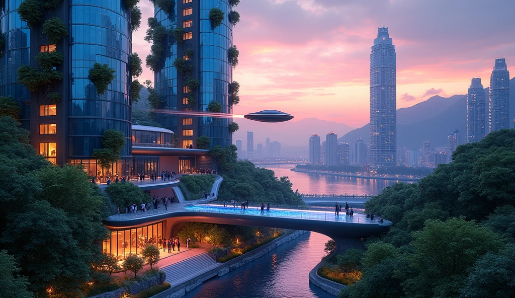  a mesmerizing fusion of nature and technology, the image showcases a futuristic cityscape set against a twilight sky. Towering skyscrapers with sleek, glass facades rise gracefully, their surfaces reflecting hues of deep blue and violet. These structures are interwoven with lush vertical gardens, where vibrant green foliage cascades down the sides, creating a living tapestry.

Waterfalls flow gently from the upper levels of the buildings, their crystalline waters illuminated by soft, colorful lights embedded within the architecture. The city’s streets are bathed in a gentle glow from bioluminescent plants that line the sidewalks, adding an ethereal quality to the scene.

Hovering vehicles zip silently through the air, leaving trails of shimmering light. In the background, distant mountains and a serene river add depth to the scene, merging the natural landscape with the urban marvel. The sky above transitions from a warm, glowing sunset to the cool, star-speckled expanse of night, framing the city in a dreamlike aura.