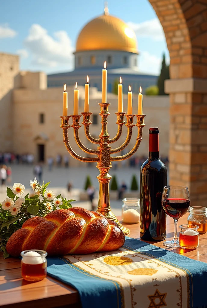 Create a horizontal artwork featuring a 7-branched menorah, A Torah scroll, a braided bread, a bottle of wine, a talif, in the background, the Kotel should be visible, a jar of salt and honey and the insignia flower of Israel with the Magen David. In a flash