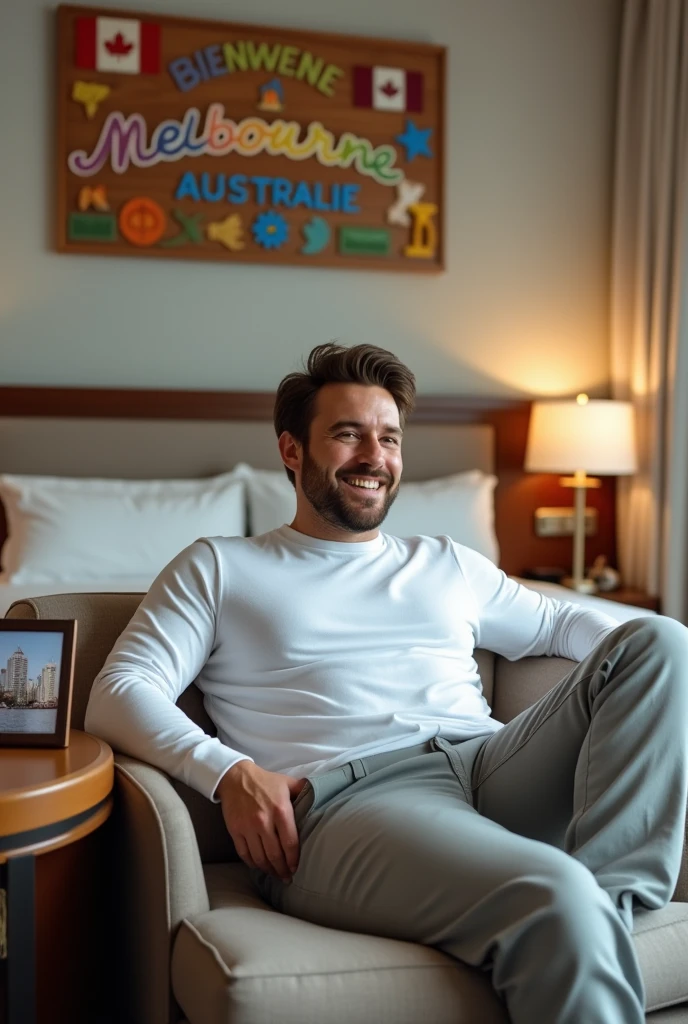 Homme caucasien grand de taille, charmant, un peu costaud, habillé en pantalon et tee-shirt manche longue, assis ou adossé sur une table dans une grande chambre d'hôtel et sur la table sur laquelle est assis ou adossé le charmant homme il faut qu'il y ait un papier mouchoir déjà utilisé sur la table et sur le lit de l'hôtel qu'il soit déposer un cadre photo grand ou moyen qu'il est possible de faire arrêter sur le lit et faire face à la caméra et sur le mur du chevet du lit un tableau sur lequel il est écrit en français : Bienvenue à Melbourne AUSTRALIE et autour de la phrase qu'il y ait les emblèmes du Canada Québec ou le drapeau du Canada Québec
