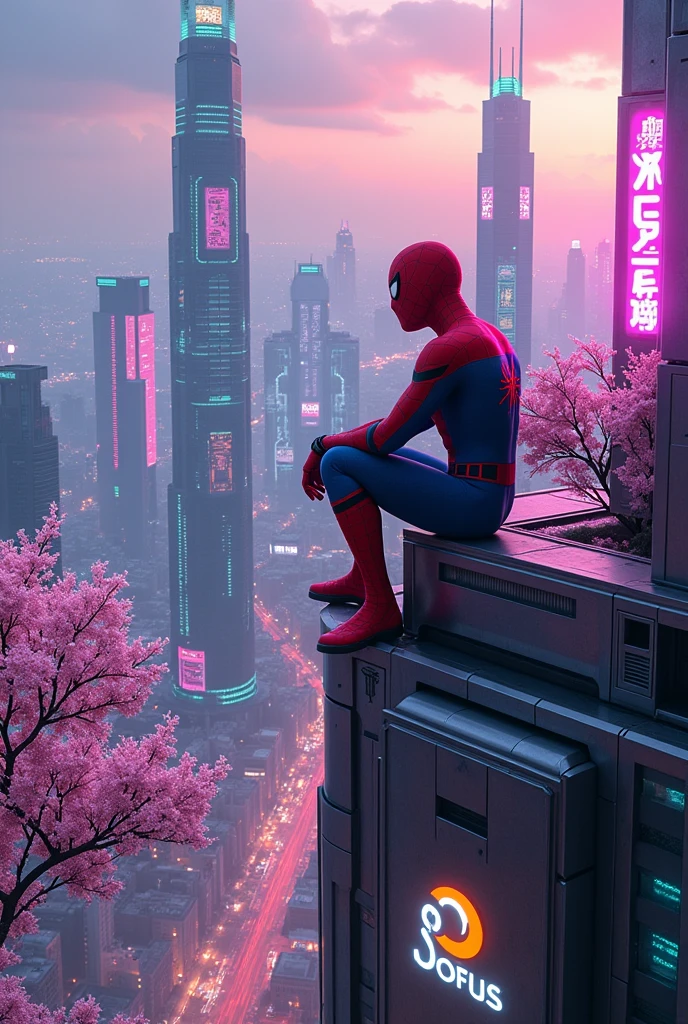 Spider-Man is in a cyberpunk city on top of a building with a Dofus logo on the right side. He’s looking out at a stunning cyberpunk city with vibrant colors and cherry blossoms in bloom.