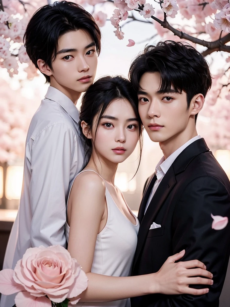 Modern. Casual wear. Elegant couple, 1 Handsome chinese slim guy, 20 years old, Hair combed smoothly and beautiful girl. Dark hair color. Very deatiled face. pretty eyes (perfect eyes). 8K resolution. Masterpiece. Romantic, love, pink glowing light. Look at the viewer. Petals. Pastel color.