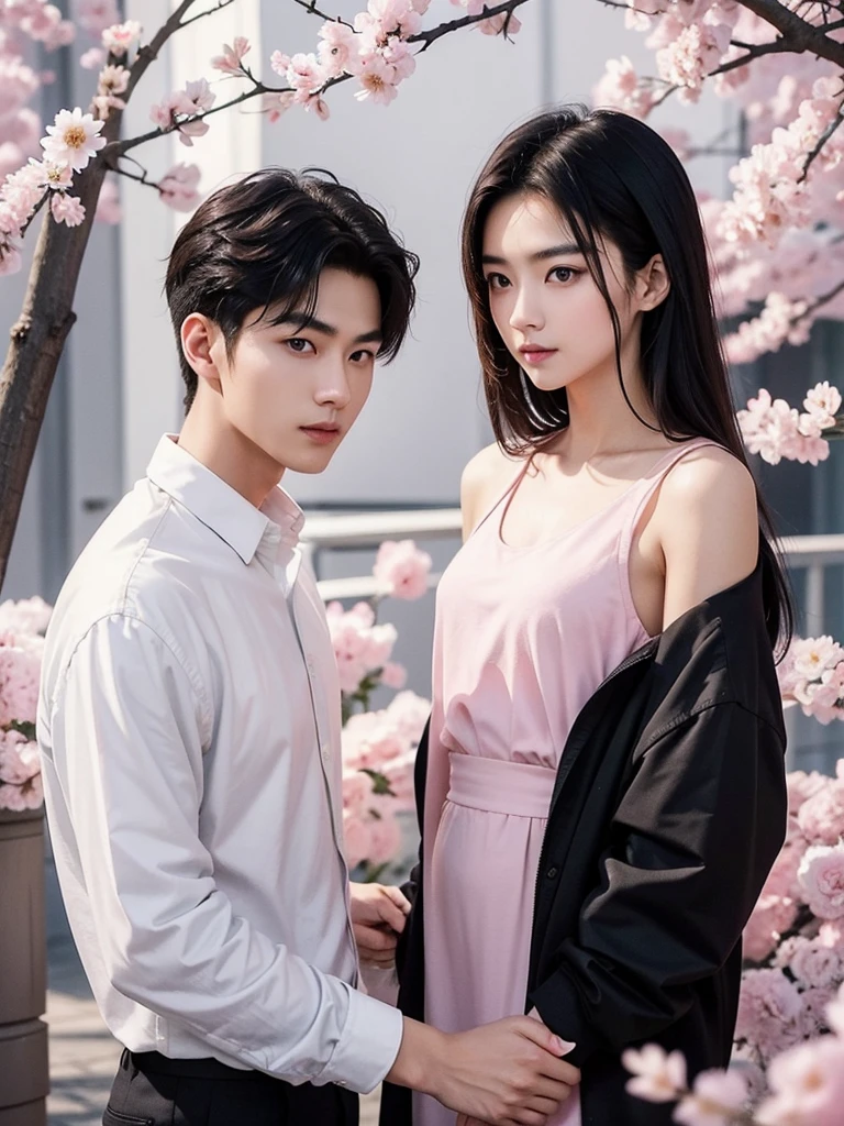 Modern. Casual wear. Elegant couple, 1 Handsome chinese slim guy, 20 years old, Hair combed smoothly and beautiful girl. Dark hair color. Very deatiled face. pretty eyes (perfect eyes). 8K resolution. Masterpiece. Romantic, love, pink glowing light. Look at the viewer. Petals. Pastel color.