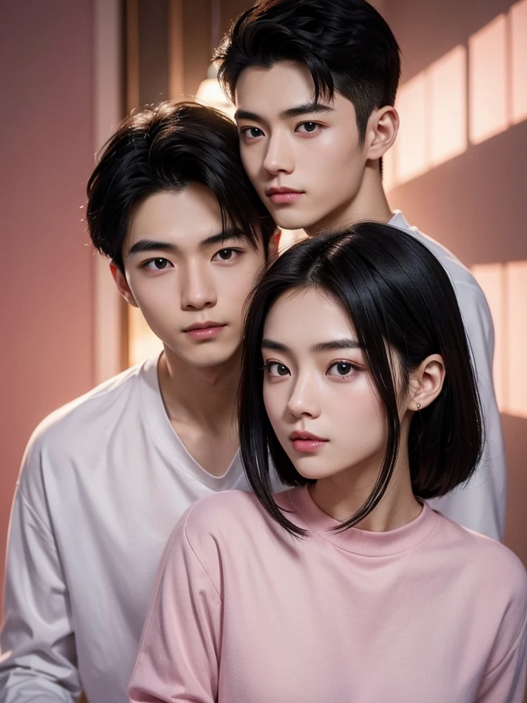 Modern. Casual wear. Elegant couple, 1 Handsome chinese slim guy, 20 years old, Hair combed smoothly and beautiful girl. Dark hair color. Very deatiled face. pretty eyes (perfect eyes). 8K resolution. Masterpiece. Romantic, love, pink glowing light. Look at the viewer. Petals. Pastel color.