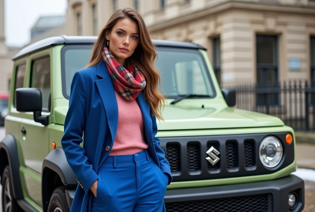 これからのボhmmドカ-It's a Suzuki Jimny-Sierra Light Green-hmm、Environmentally friendly、A commemorative photo with the car and the new 007、Posing next to the car、 A beautiful Scottish woman wearing Royal Blue blazer jacket, pink turtleneck sweater, Royal Blue pants, ((White Burberry winter overcoat)), (put a muffler around one's neck , Red tartan-check muffler), brown shoes , front MI 6 building in London , ((super detail, high details, high quality, accurate, anatomically correct, textured skin, beautiful fingers super detail, high details, high quality, best quality))