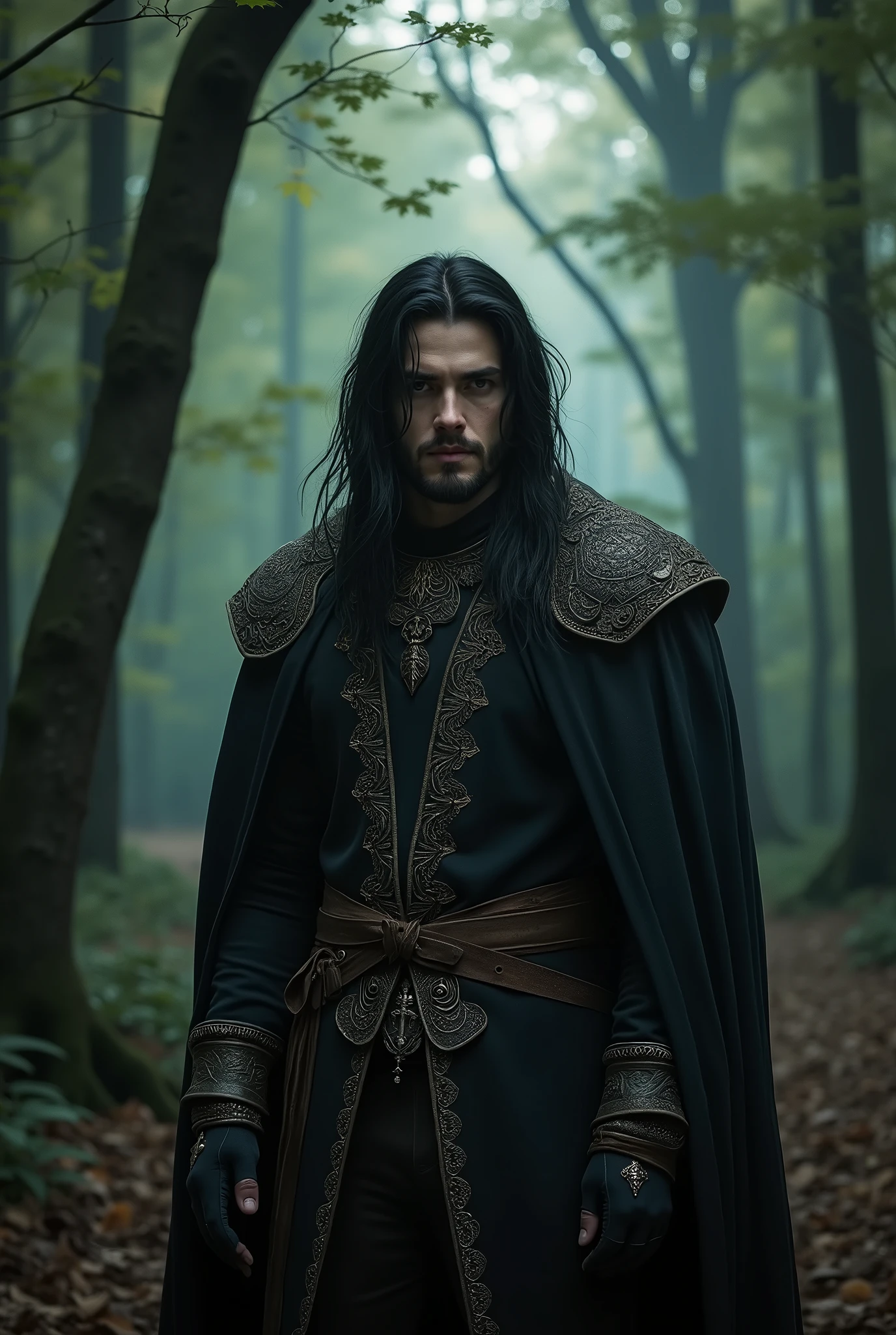 A young man with a beard, black hair to his shoulders, wearing a medieval black outfit, with dark, cold eyes.