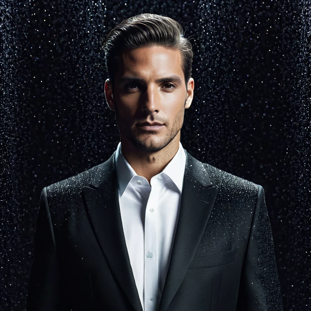 a man with an expansive looking black suite with Noise effect
