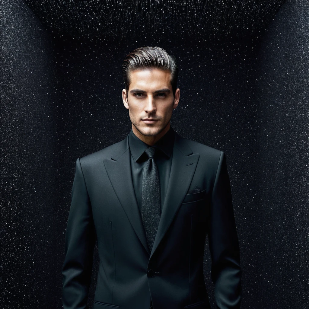 a man with an expansive looking black suite with Noise effect