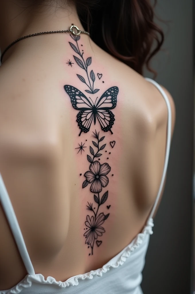 tatoo with faith, butterfly, hearts, stars and flowers, black and white delicate in the spine