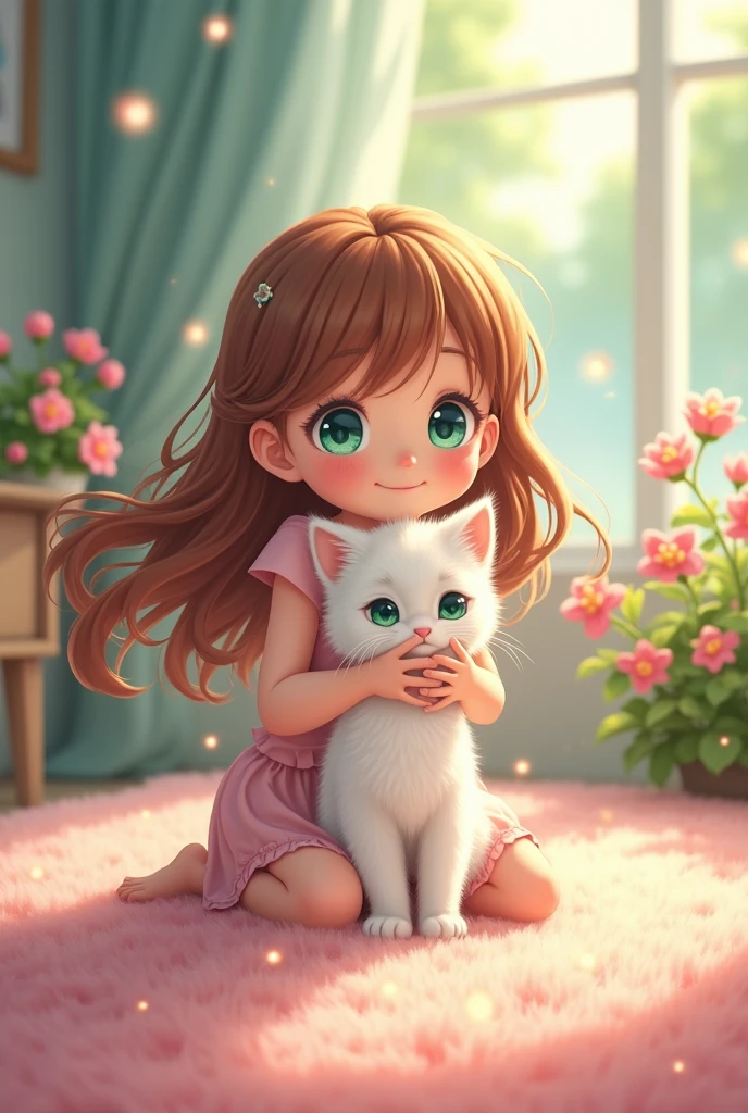 The girl touches the kitten anime type image 