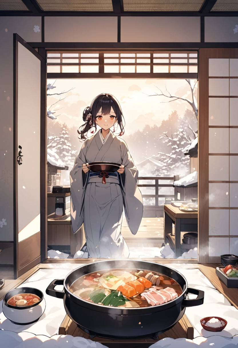 A snowy winter day、A hot pot meal in a Japanese-style room、steam