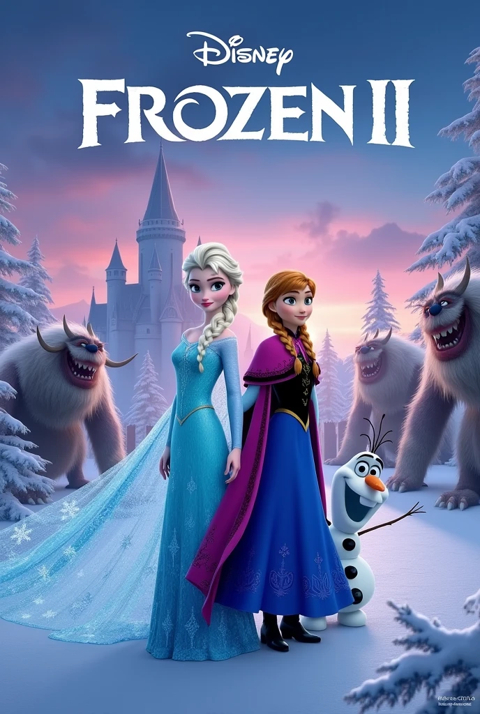 Briefly I want a cover page for FROZEN III whereby Elsa to be in a white white please dress hairs open and Anna 

Three blurred huge
 monsters with horns and arandelle palace and olaf
Lastly state Disney FROZEN III 