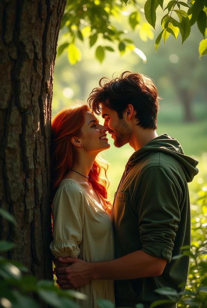 young couple doing foreplay hidding behind a tree