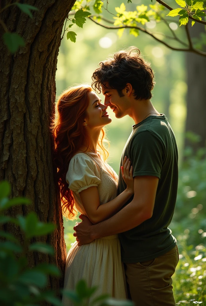 young couple doing foreplay hidding behind a tree