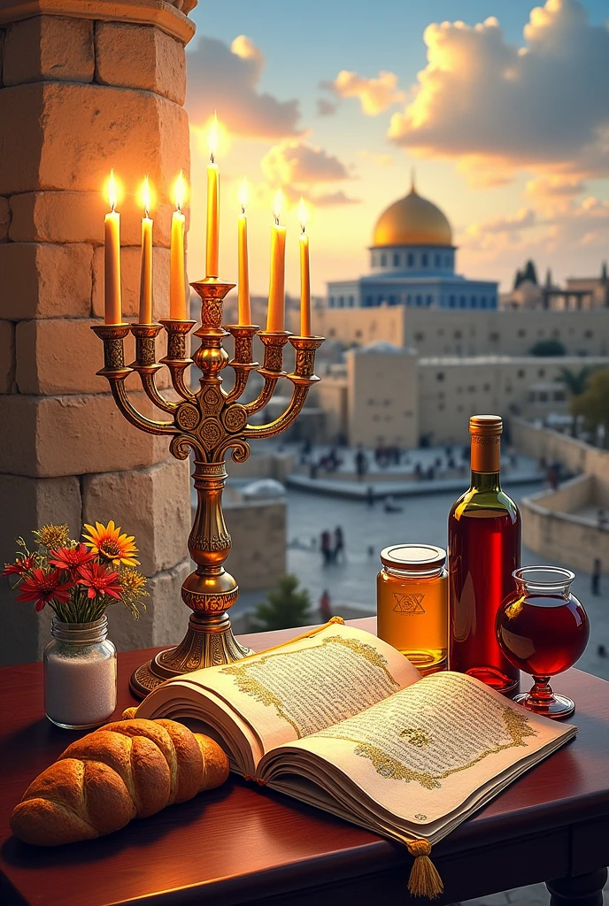 Create a horizontal artwork featuring a 7-branched menorah, A Torah scroll, a braided bread, a bottle of wine, a talif, in the background, the Kotel should be visible, a jar of salt and honey and the insignia flower of Israel with the Magen David. In a flash