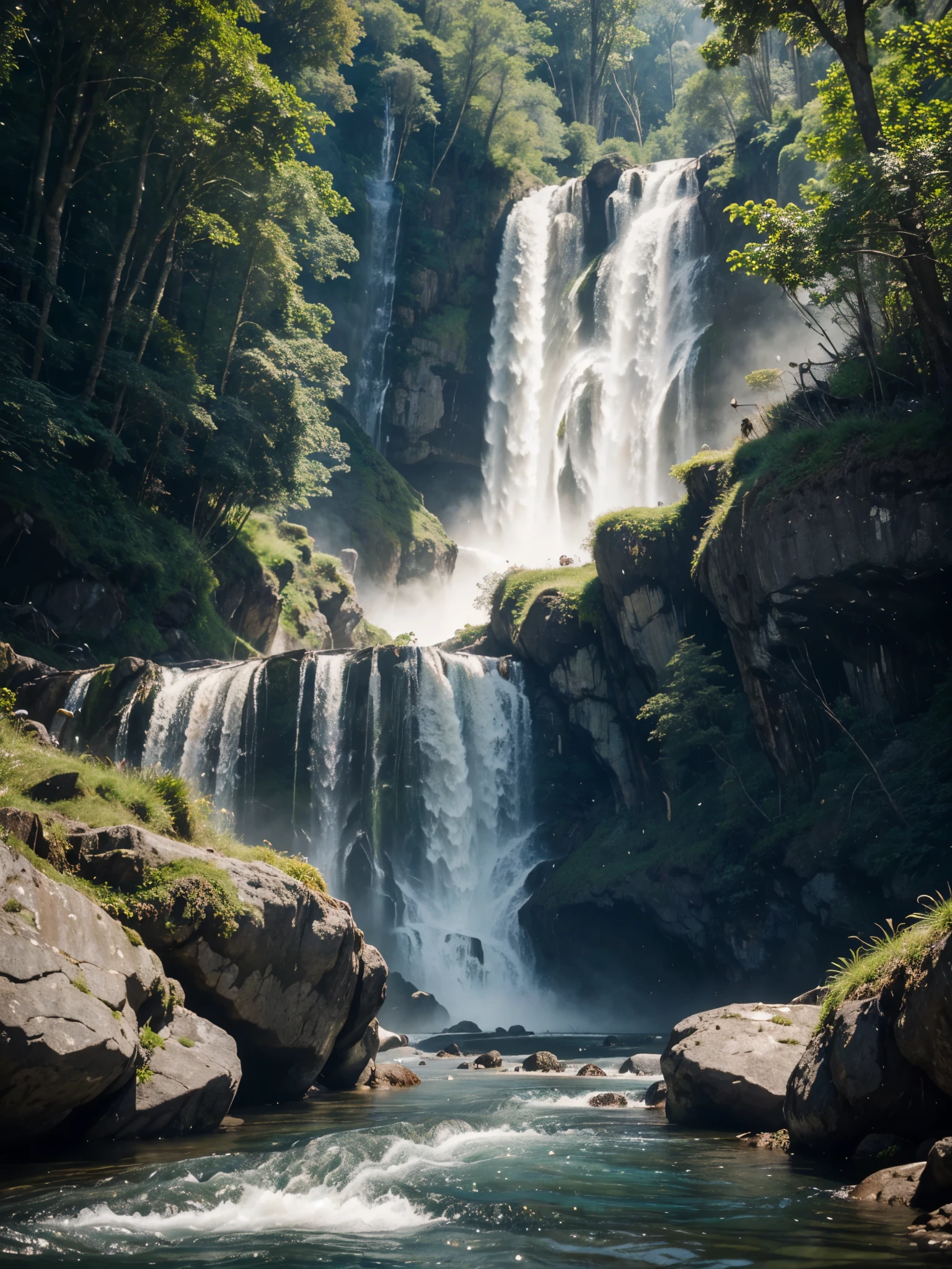 A surreal, dreamlike landscape where a giant anatomical correct hand rises from the ground. The hand is detailed with lush grass and miniature trees on the surface. A crystal-clear river flows through the palm, cascading down in a waterfall at the edge of the hand. A small boat floats on the river below. Misty horizon. Amazingly detailed, colossal scale, ultra-realistic, photorealistic details, hyper-detailed, natural lighting, cinematic quality, sharp focus, real-world textures, high dynamic range