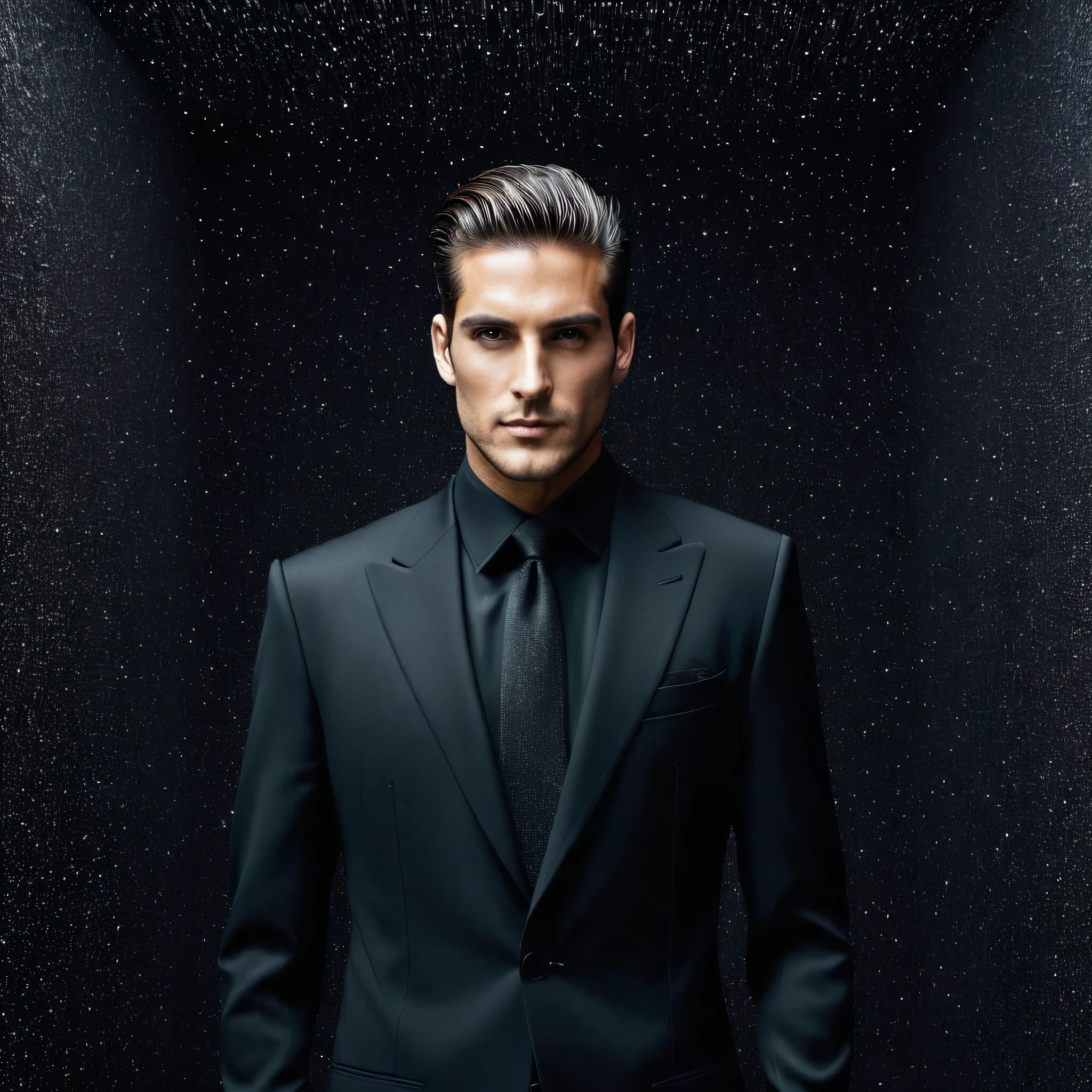 a man with an expansive looking black suite with Noise effect