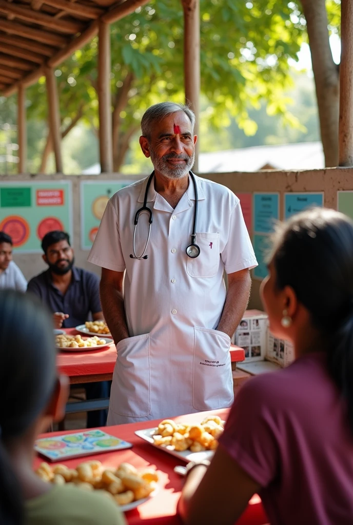 Community Health Workshop: Dr. Sudhir wear stethoscope and apron conducting a health awareness workshop for the villagers.