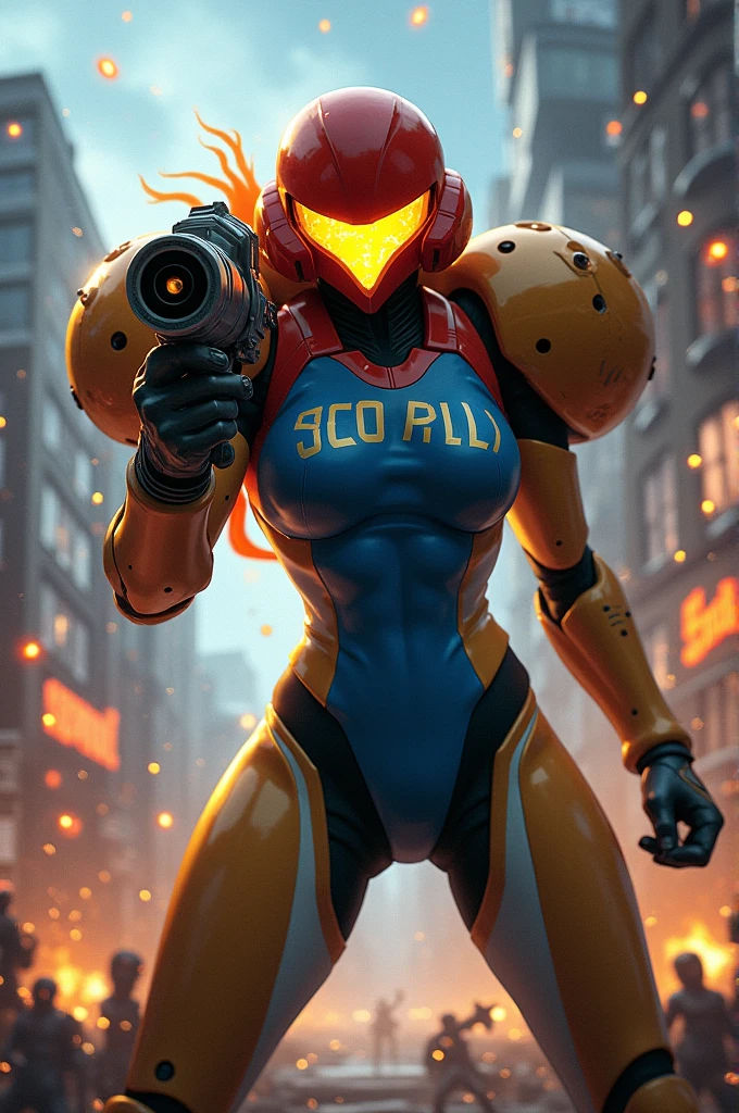 Samus Aran wearing the São Paulo shirt and shooting at the enemies.
