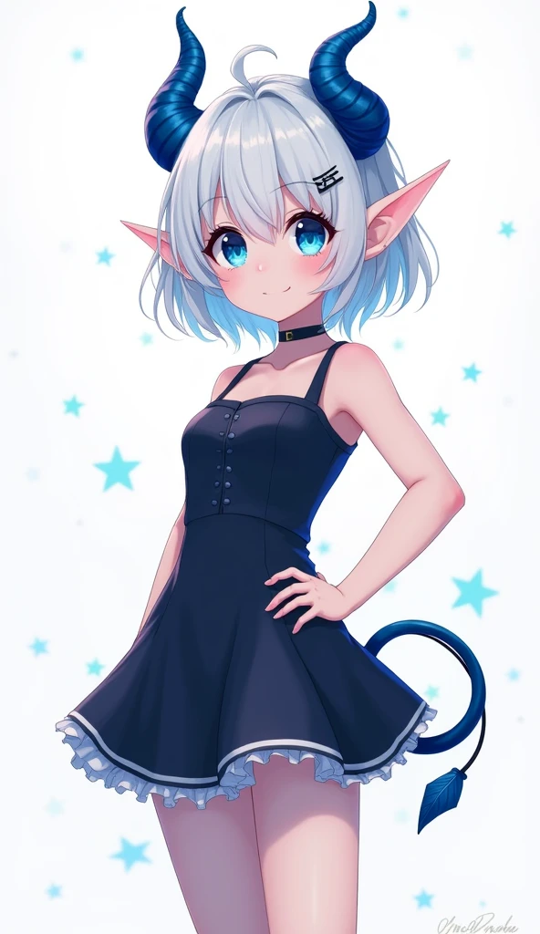 score_9, score_8_up, score_7_up,((best quality)), absurdnes, ((best quality)), CoquelinePXL, 1 femboy, feminine male, adult, 20 years old, black pupil, glowing blue iris, black sclera, blue skin, short white peekaboo style hair, pointy elf ears, bluish-black short demon horns, azure blue demon tail, short white dress, empire waist dress, tight dress, very mini skirt, sleeveless, turtle neck, solid white background, solo, hand on waist, looking at viewer, big ass, flat chest, no clevage, cute anime inspired art
