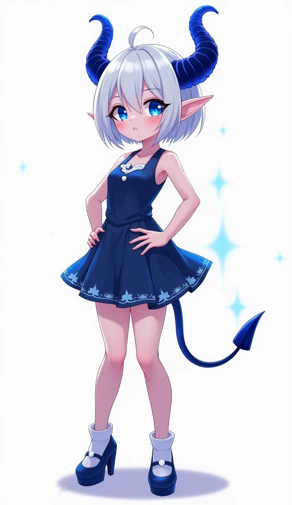 score_9, score_8_up, score_7_up,((best quality)), absurdnes, ((best quality)), CoquelinePXL, 1 femboy, feminine male, adult, 20 years old, black pupil, glowing blue iris, black sclera, blue skin, short white peekaboo style hair, pointy elf ears, bluish-black short demon horns, azure blue demon tail, short white dress, empire waist dress, tight dress, very mini skirt, sleeveless, turtle neck, solid white background, solo, hand on waist, looking at viewer, big ass, flat chest, no clevage, cute anime inspired art