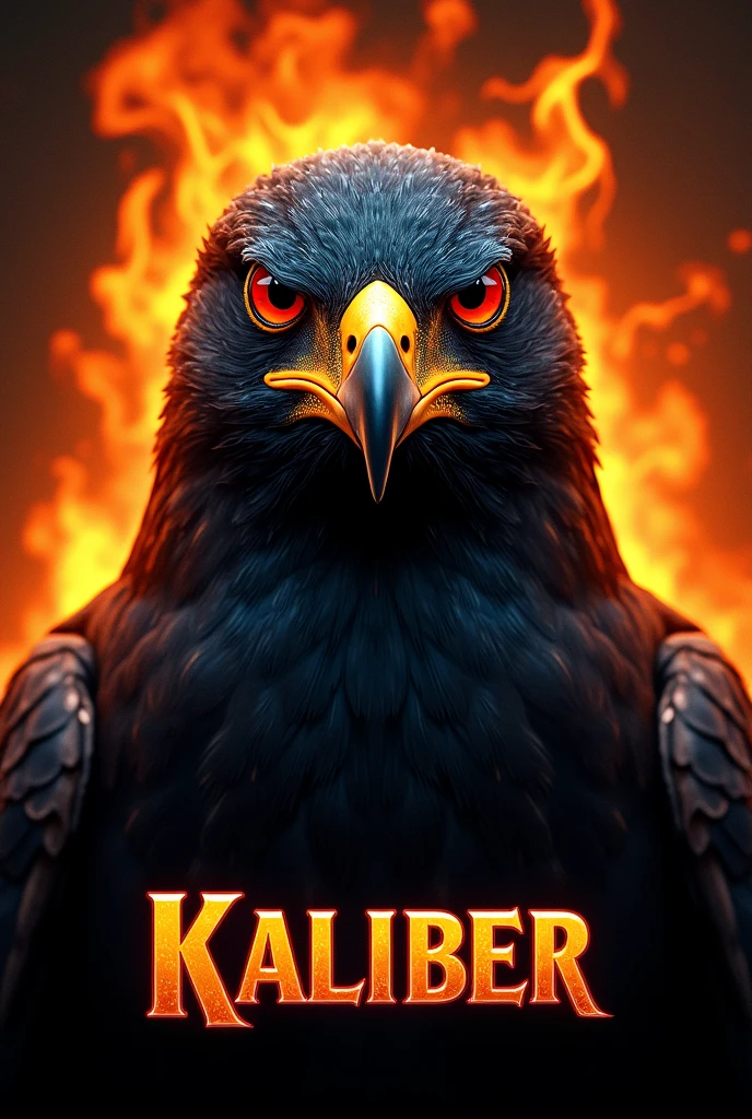 Just the face of a black faced hawk with red eyes with the words kaliber below it with Fire in the background