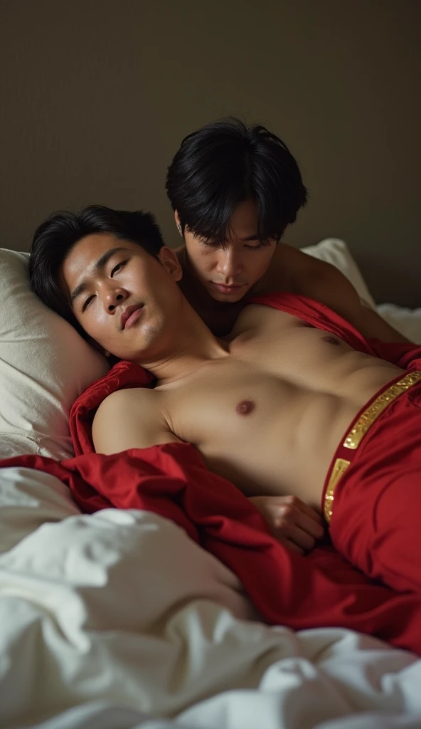 Young naked Asian man fucked by Superman on a bed