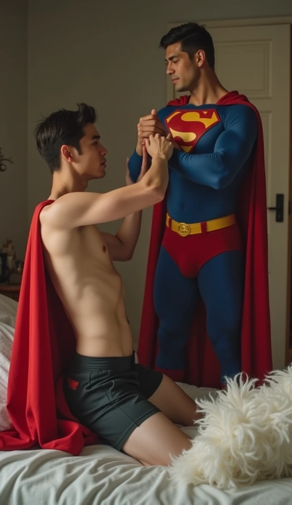 Young naked Asian man fucked by Superman on a bed