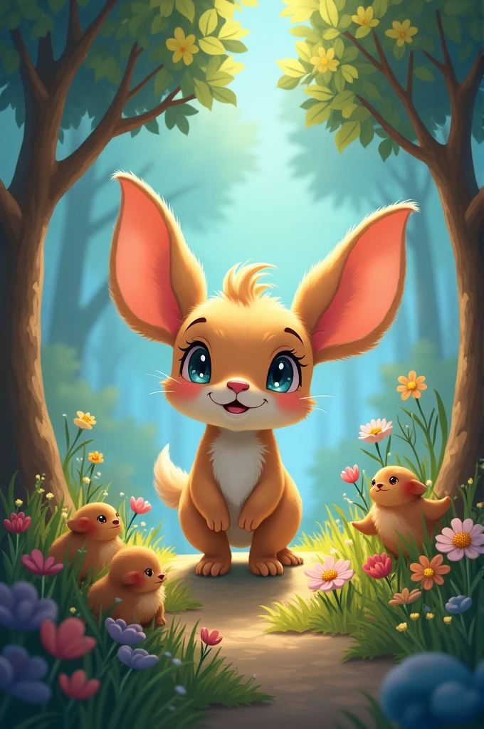 Draw a charismatic character with great potential to captivate audiences, like classic Disney characters. This character should be an enchanting and unique creature, with large, expressive eyes that convey intense emotions. Its form is gentle and friendly, with vibrant colors and subtle details that catch the eye, like a warm smile and big, fluffy ears. The setting is a magical and luminous world, full of fantastical trees and adorable creatures that interact with the main character, creating a charming and fun atmosphere. The style should be fluid and full of movement, with an engaging visual narrative that blends adventure and excitement, Appealing to all ages."