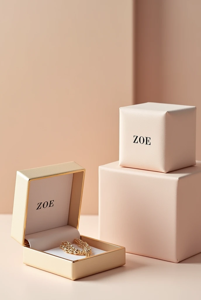 Create jewelry boxes in plain pastel golden color with gold border closed and open with chain inside with the name ZOE with the Coolvetica font