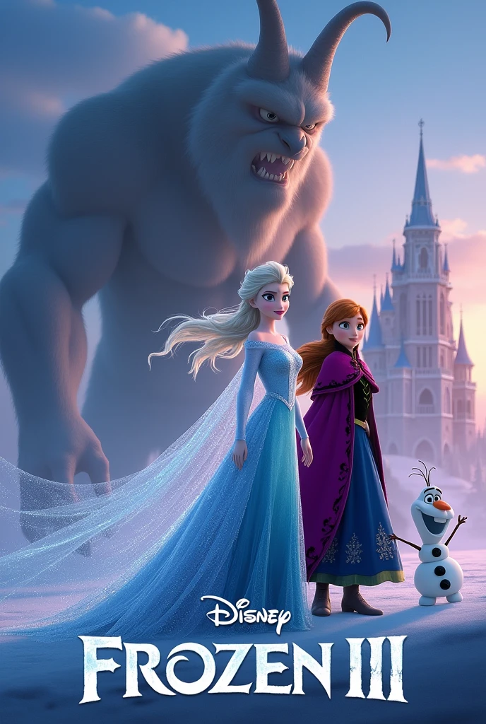 Briefly I want a cover page for FROZEN III whereby Elsa hairs opeeeennnnn to be in a white white please dress hairs open and Anna
Three large scary blurred huge
monsters with horns and arandelle palace and olaf
Lastly state Disney FROZEN III