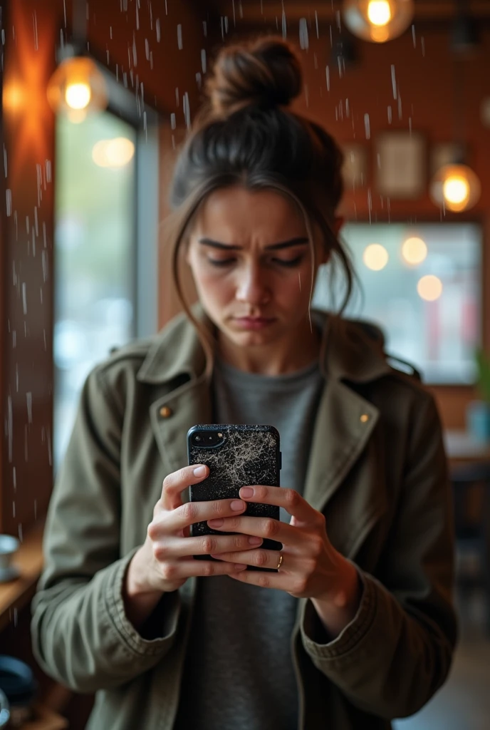 Holding a water damange phone with stocked face 