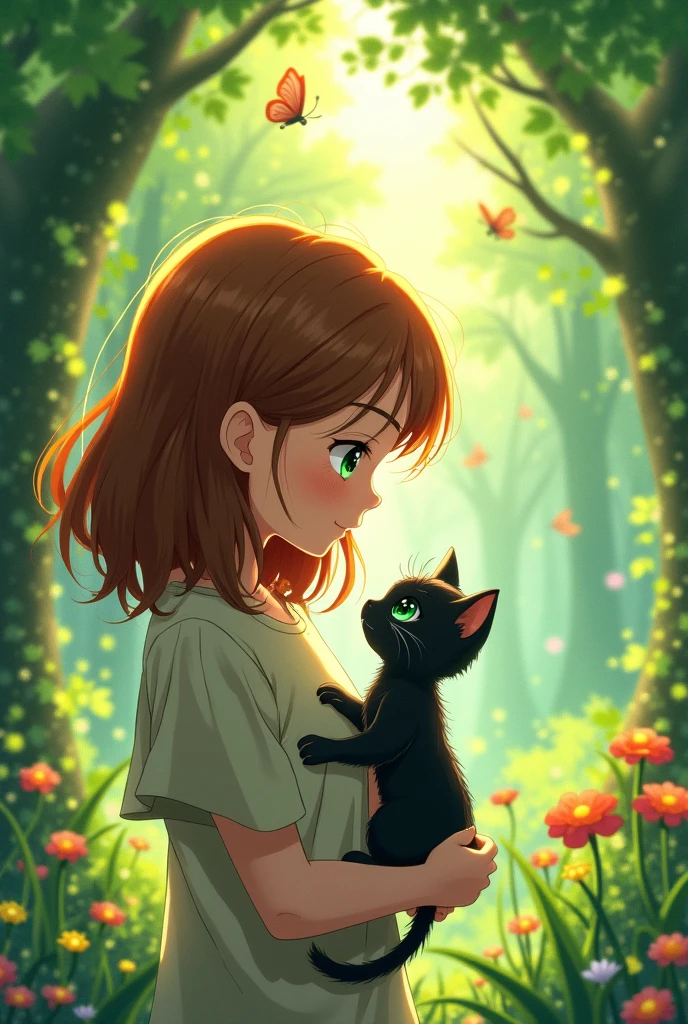 A girl with medium-length hair in the forest holding a skinny black kitten, anime-style image