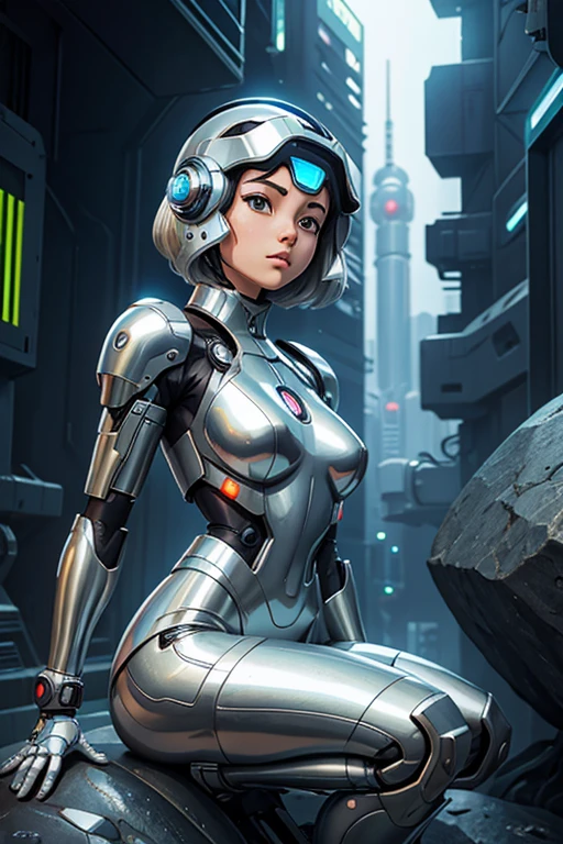 anime girl in a silver suit sitting on a rock with a helmet on her head and hands on her knees, retrofuturism, cybernetic, cyberpunk art