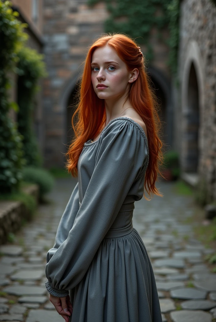young redhead, body skinny. Grey medieval clothing