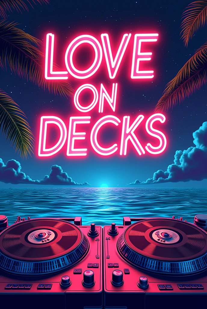 I need a Flyer for a club event, the Name is LOVE ON DECKS, the name of this 80's and 90's party is a pun of cruise ship and DJ turn tables. Be aware that the Names
"DJ FRANK JR and DJ FROSTI" are on the artwork