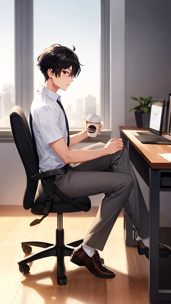1 boy, black eyes eyes, black hair,Tall body, sitting on a chair in the office work room, Coffee ☕,office outfit, walking,view from the side,golden light from the floor full body