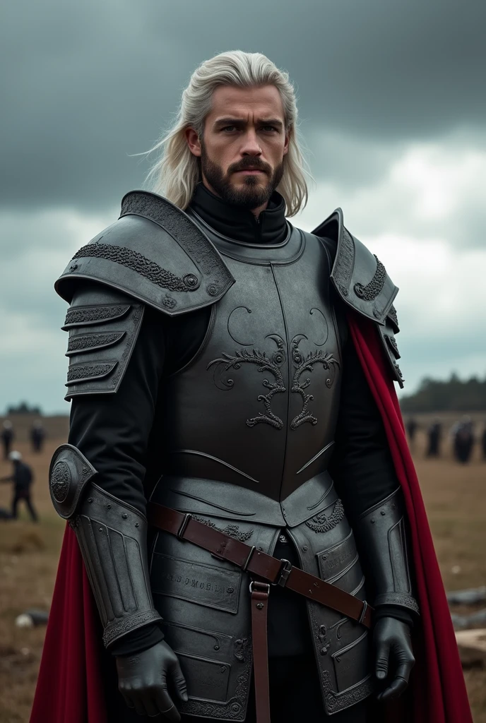 A marvelous man, tall skinny, rico, of Valyrian blood, GOT character style, stark, black and red armor, with 18 years, silver-haired, sem beard