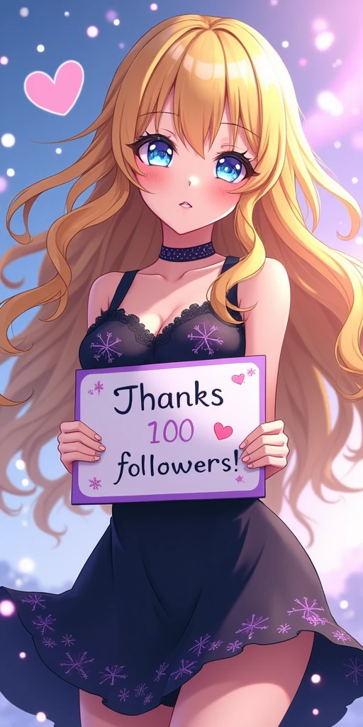 (best quality, ultra-detailed, photorealistic: 1.39), bright and vibrant colors, studio lighting, thank you card for 100 followers, hearts and kisses emoji, Yu-Gi-Oh style letter, purple details on the sides of the card, anime style, Anime, Cute girl with big round breasts, with sparkling blue eyes, she wears a black dress with snowflakes on the dress, her wavy blonde hair with beautiful bangs meets with the blowing wind, she holds a sign written a message of thanks