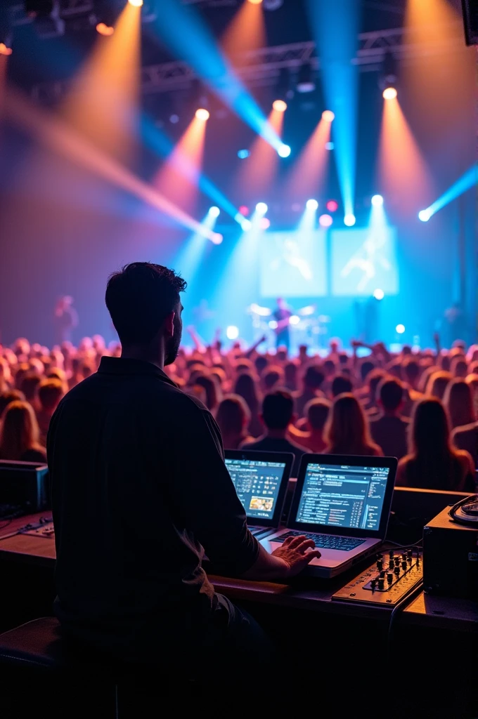 Create an image of a lighting engineer with their console facing the stage at a concert.