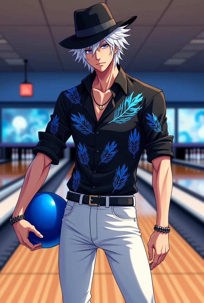 anime style draw. A Man with messy white hair, with a black hat, in black clothes with a blue feather print, with white pants without a pattern , holding a blue bowling ball, on a realistic bowling court