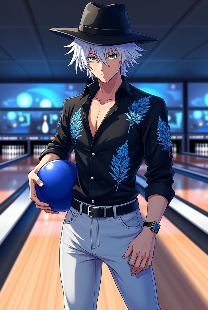 anime style draw. A Man with messy white hair, with a black hat, in black clothes with a blue feather print, with white pants without a pattern , holding a blue bowling ball, on a realistic bowling court