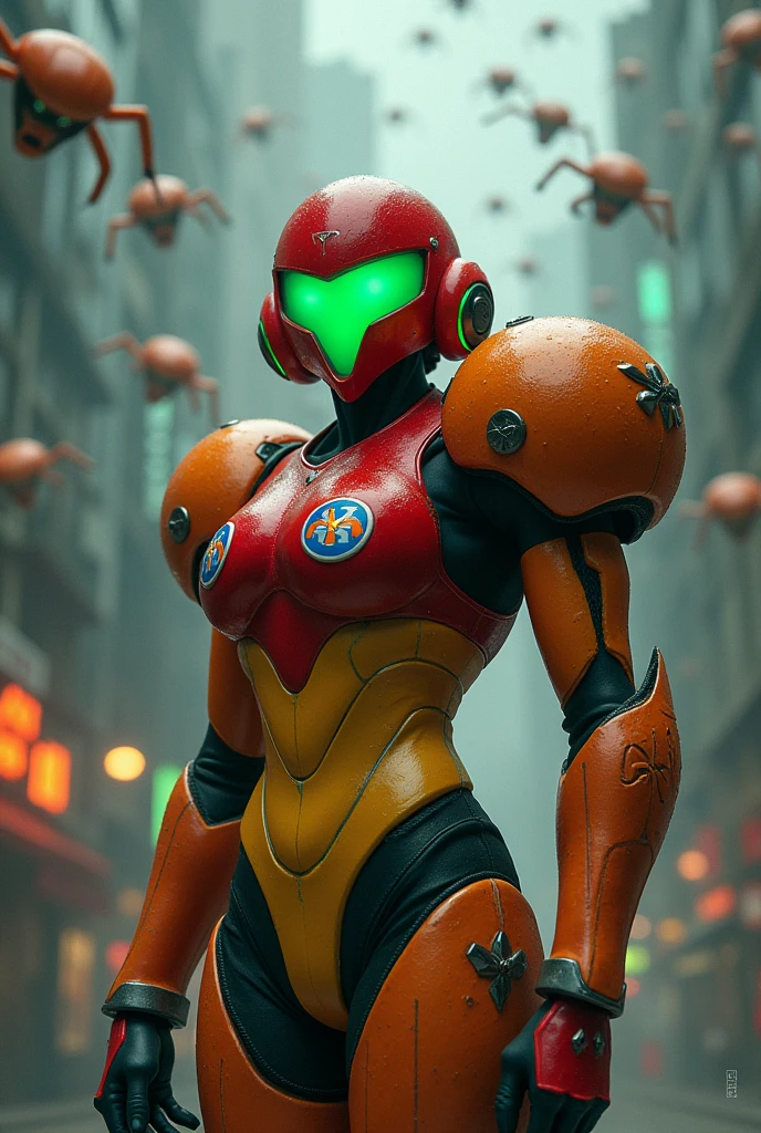 Samus Aran wearing the São Paulo Football Club shirt with the Metroids invading.