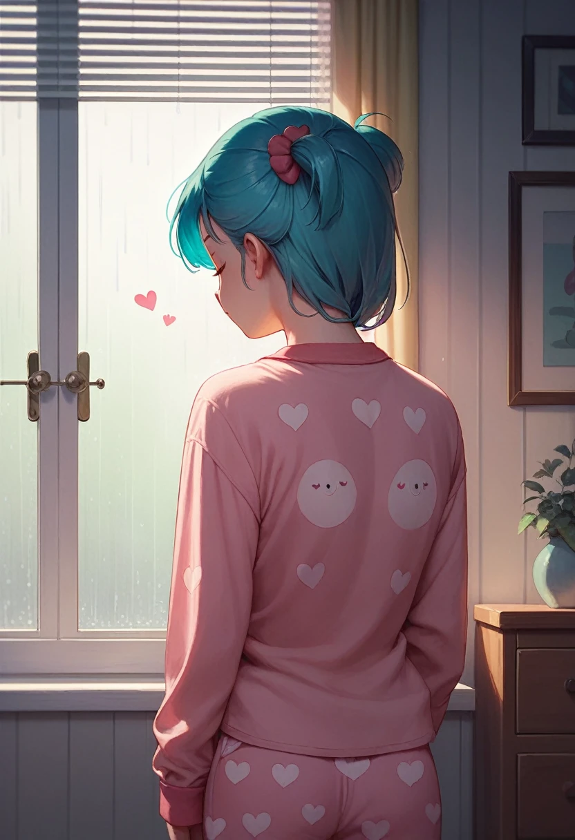 bulma, 1 girl, Alone, by the wide, old, evening, long sleeves, bedroom, sleeping, heart print, pink pajamas,twirling,, pink shirt, from behind, window, rain, standing, looking away, one side up,