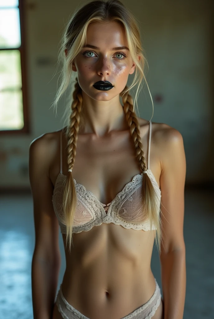 An 18 year old blonde with long braided very thin braids does nude ballet, Unclothed,flat-chested,breasts small,smeared makeup,makeup race,perfect lips, black lipstick, orthodontic appliances, freckles,eyes large,blue colored eyes,perspiring, sweats a lot,humida,very detailled, best qualityer, extreme detailed face, Perfect lightning, ballet studio background, sexually, erotic, unique, 4K, work of art 