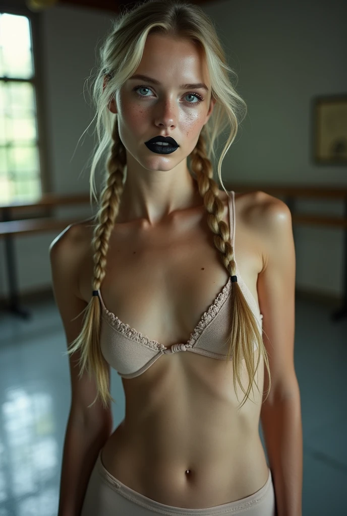 An 18 year old blonde with long braided very thin braids does nude ballet, Unclothed,flat-chested,breasts small,smeared makeup,makeup race,perfect lips, black lipstick, orthodontic appliances, freckles,eyes large,blue colored eyes,perspiring, sweats a lot,humida,very detailled, best qualityer, extreme detailed face, Perfect lightning, ballet studio background, sexually, erotic, unique, 4K, work of art 
