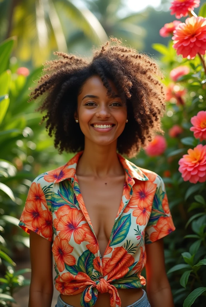 A Brazilian woman in a lush tropical garden, wearing an open shirt with a floral print, with a close-up capturing the harmonious beauty between her breasts and the natural flowers, showing off your natural charm and outgoing personality.