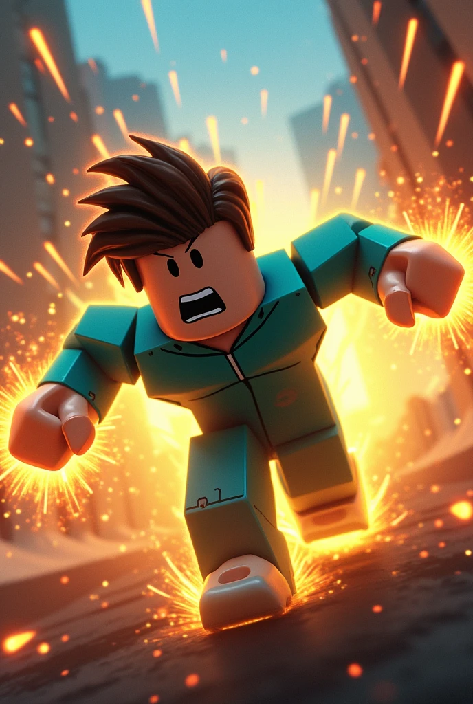 Create an image where a Roblox character is attacking the screen up close with detailed yellow and orange glows.