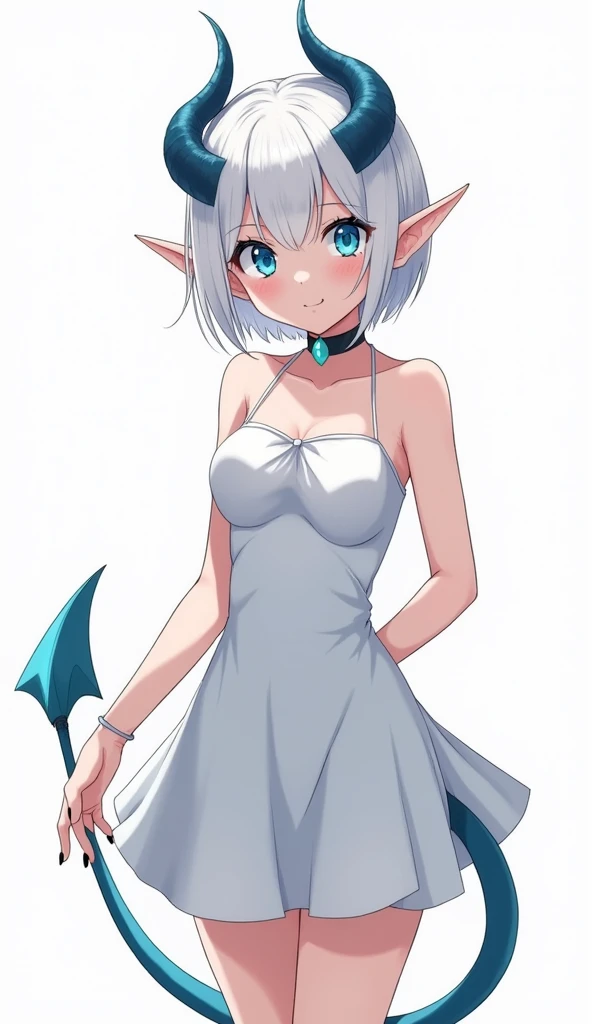 score_9, score_8_up, score_7_up,((best quality)), absurdnes, ((best quality)), CoquelinePXL, 1 femboy, feminine male, adult, 20 years old, black pupil, glowing blue iris, black sclera, blue skin, short white peekaboo style hair, pointy elf ears, bluish-black short demon horns, azure blue demon tail, empire waist dress, short white dress, tight dress, very mini skirt, sleeveless, turtle neck, solid white background, solo, hand on waist, looking at viewer, big ass, flat chest, no clevage, anime inspired art