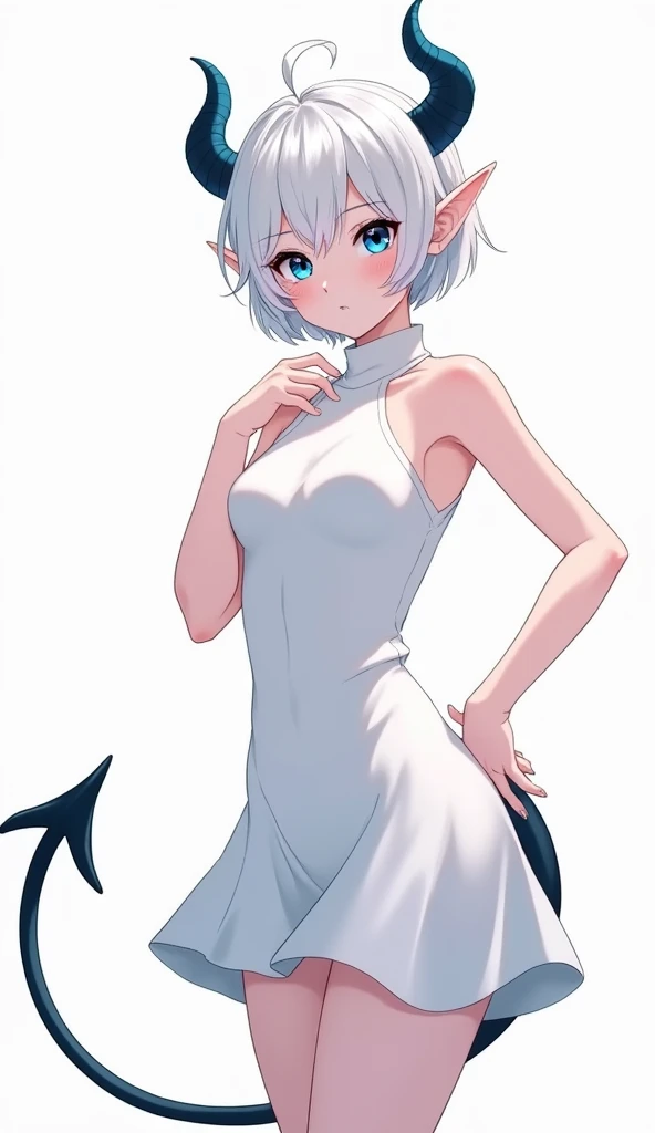 score_9, score_8_up, score_7_up,((best quality)), absurdnes, ((best quality)), CoquelinePXL, 1 femboy, feminine male, adult, 20 years old, black pupil, glowing blue iris, black sclera, blue skin, short white peekaboo style hair, pointy elf ears, bluish-black short demon horns, azure blue demon tail, empire waist dress, short white dress, tight dress, very mini skirt, sleeveless, turtle neck, solid white background, solo, hand on waist, looking at viewer, big ass, flat chest, no clevage, anime inspired art