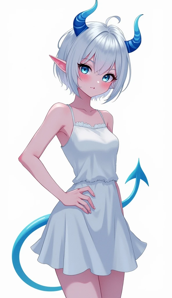 score_9, score_8_up, score_7_up,((best quality)), absurdnes, ((best quality)), CoquelinePXL, 1 femboy, feminine male, adult, 20 years old, black pupil, glowing blue iris, black sclera, blue skin, short white peekaboo style hair, pointy elf ears, bluish-black short demon horns, azure blue demon tail, empire waist dress, short white dress, tight dress, very mini skirt, sleeveless, turtle neck, solid white background, solo, hand on waist, looking at viewer, big ass, flat chest, no clevage, anime inspired art
